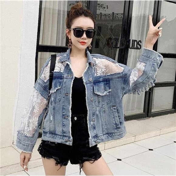 Floral Embroidered Lace Denim Jacket Distressed Light Wash Denim Jean Jacket - Picture 2 of 9